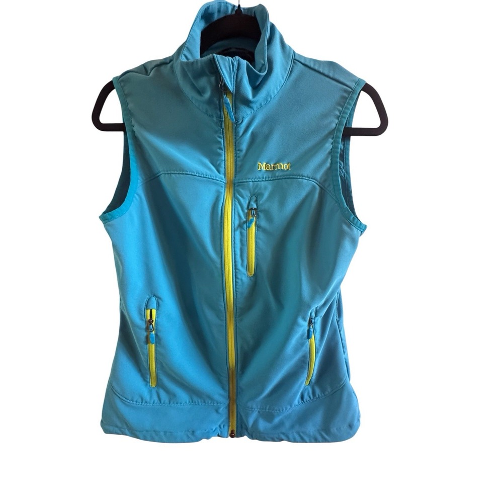 Marmot Tempo Softshell Vest Women's Medium Electric Blue Lime Green Zip Pockets